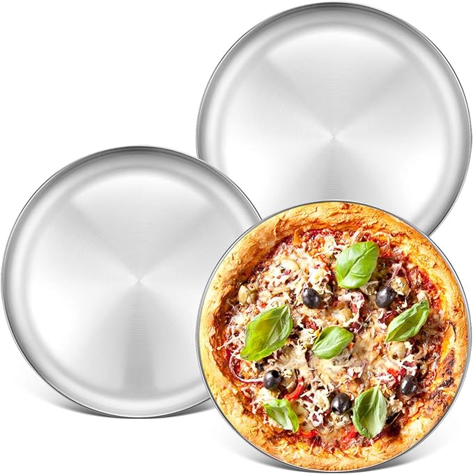 Deedro Stainless Steel Pizza Pan 13½ inch Round Pizza Tray Pizza Baking Sheet, Healthy Pizza Baking Pan Pizza Serving Tray Crisper Pan, Dishwasher Safe, 3 Pack