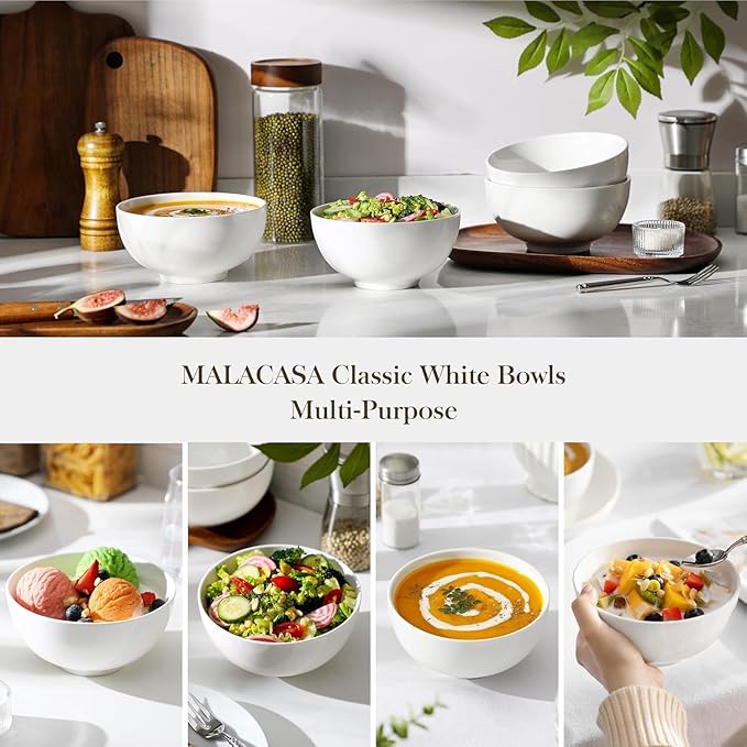 MALACASA 26 Oz Porcelain Soup Bowls Set of 4, White Ceramic Bowls for Kitchen, Cereal Bowl for Oatmeal, Fruit, Salad, Ramen and Rice Bowl -Dishwasher & Microwave Safe Bowls