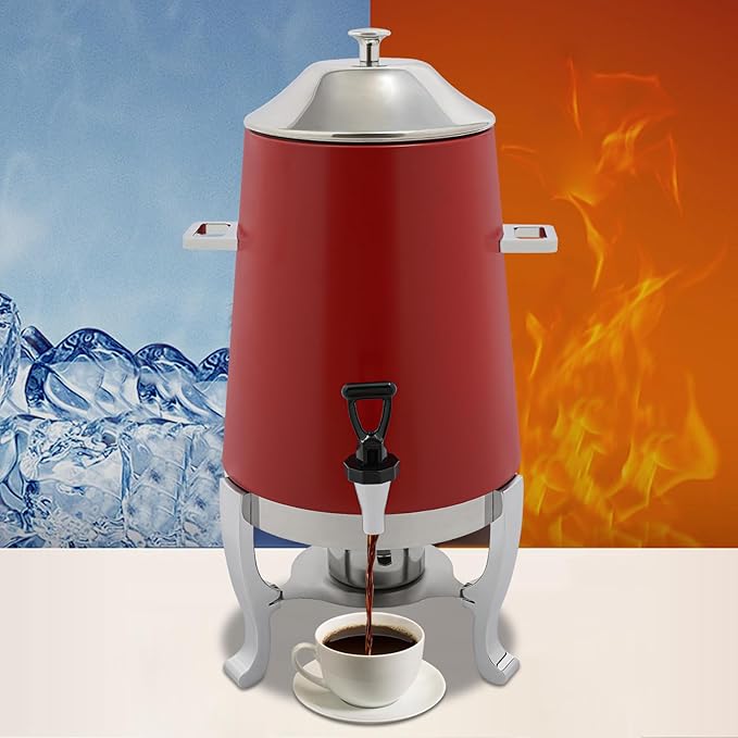 Coffee Urn with Fuel Holder 3.5 Gal/13L, Stainless Steel Beverage Dispenser Hot Drink Dispenser with Stand, Tea Water Coffee Chafer Urn for Parties Buffet Catering Commercial Home (Silver, Red)