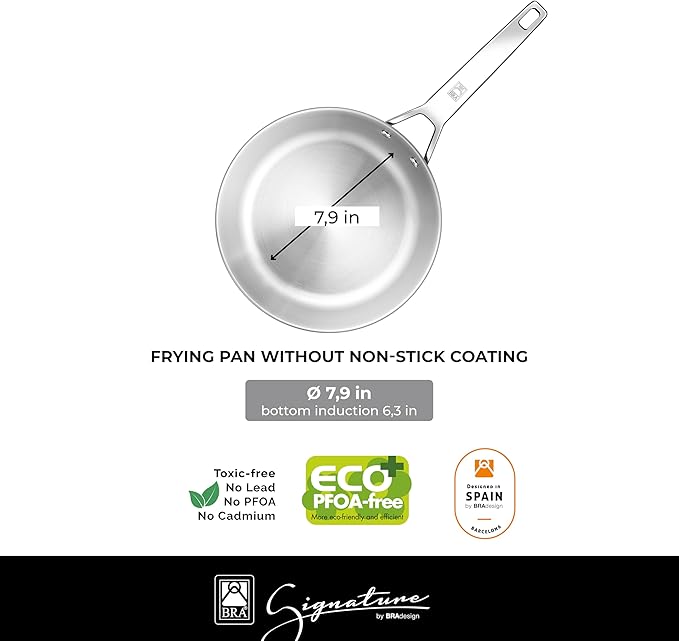 BRA COOKWARE Signature Deep Frying Pan | 8 inches Professional High Skillet | Stainless Steel Deep Frying Pan | All Stovetop Compatible | PFOA Free | w/o Non-Stick Coating | Polished Finish