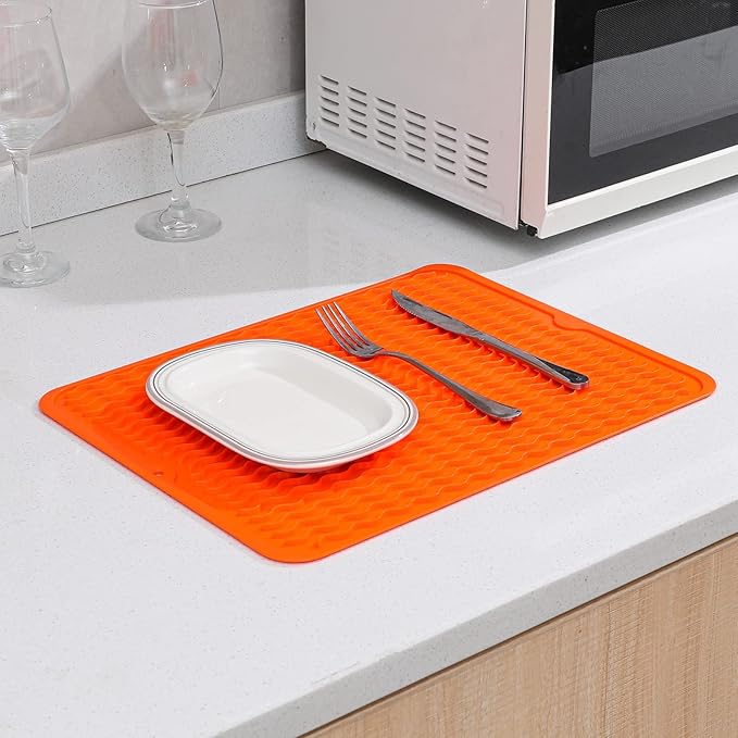 Silicone Dish Drying Mat for Multiple Usage,Easy clean,Eco-friendly,Heat-resistant Silicone Mat for Kitchen Counter or Sink,Refrigerator or drawer liner Orange L 16 inches x 12 inches