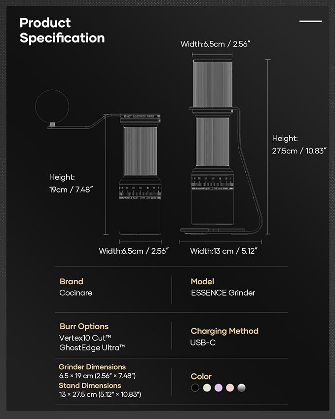 Cocinare ESSENCE DUO B38 Ultra Coffee Grinder - Electric Wireless 2-in-1 Removable Countertop Manual Grinder Kit, 80 Precision Setting, GhostEdge Burr - Design for Pour-over & Espresso (Vintage White)