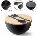 11.3" Extra Large Salad Bowl with Wooden Lid & Servers, 208Oz, Oversized Bamboo Fiber Salad Serving Set with Utensils for Home/Kitchen, Big Lightweight Bowl for Mixing Salad,Fruit,Pasta - Matte Black