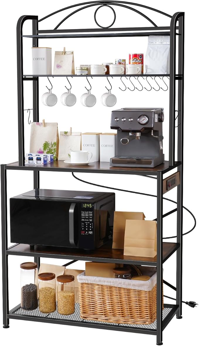 Bakers Rack for Kitchen, 33-inch Wide Coffee Bar Station with Power Outlet, 5 Tier Microwave Stand Storage Shelf with S-Shaped Hooks, Metal Frame with Brown Wood Tabletop
