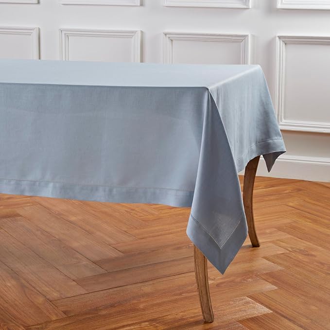Solino Home Dusty Blue Linen Tablecloth 60 x 90 Inch - 100% Pure Linen Hemstitch Table Cloth for Rectangle Tables - Classic Hemstitch, Machine Washable Tablecloth for Summer, Fall, Autumn