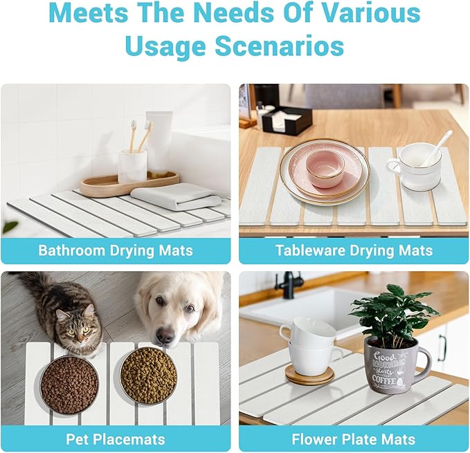 2Pack Stone Dish Drying Mats for Kitchen Counter, Quick Dry Absorbent Diatomite Sink Tray, Foldable Non Slip Dish Rack Mat for Dishes Cups, Perfect for Kitchen Bathroom White (15.5"x11.8" & 8.2"x4")