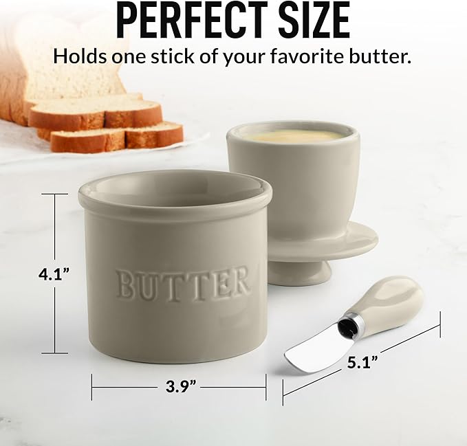 Zulay Kitchen Butter Crock With Lid & Spreader Knife for Countertop - Ceramic French Butter Dish Keeper For Fresh & Spreadable Butter - Stone Gray