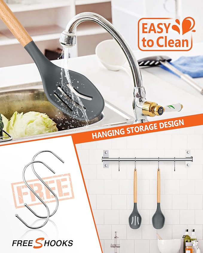 Large Silicone Cooking Spoons, 2 Pack Nonstick Solid and Slotted Wooden handle Spoon Set, Heat Resistan Silicone Kitchen Spoons for Cooking, Serving, Basting, Mixing (Grey)