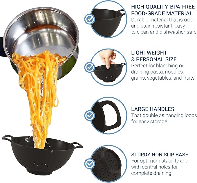 Meadow Lane 6-inch Small Colander, BPA-Free, Dishwasher Safe, Double Handles, Compact Food Strainer for Berries, Veggies and Pasta, 3-Cup Capacity, Glossy Black