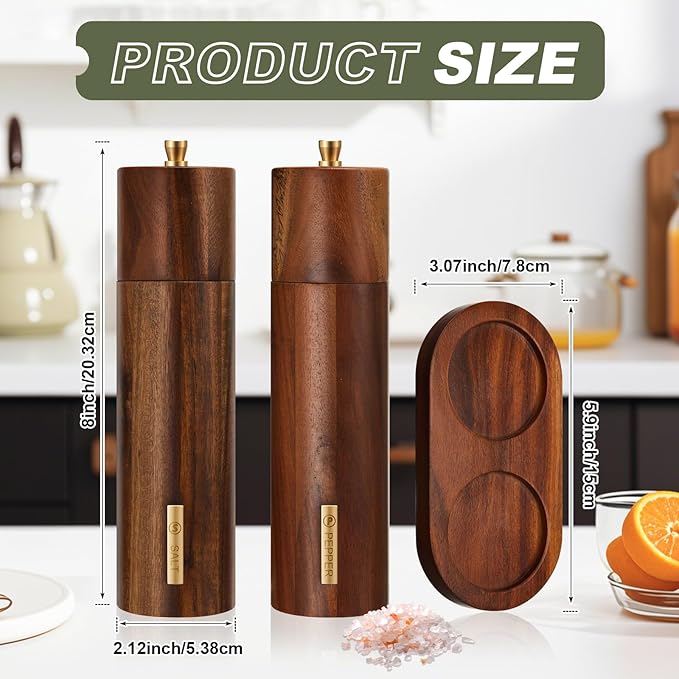 Wooden Salt and Pepper Grinder Set 8 Inch Manual Salt and Pepper Mill with Tray Adjustable Coarseness Refillable Wood Grinders with Gold Bottle Label for Kitchen(Wood Color)