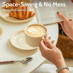 Sweese 8oz Porcelain Cappuccino Cups Set with Saucers, Metal Stand - Stackable, Durable for Coffee, Latte, Tea - Beige, 4 Pack