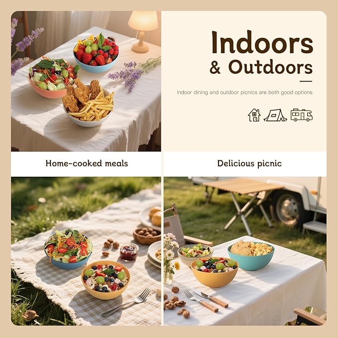 Wheat Straw Bowls for Kitchen set of 6,Anti-Scald Thick Soup Bowls 40oz,Microwave and Dishwasher Safe Bowl Sets, Unbreakable Cereal Bowl Sets. Vibrant Series