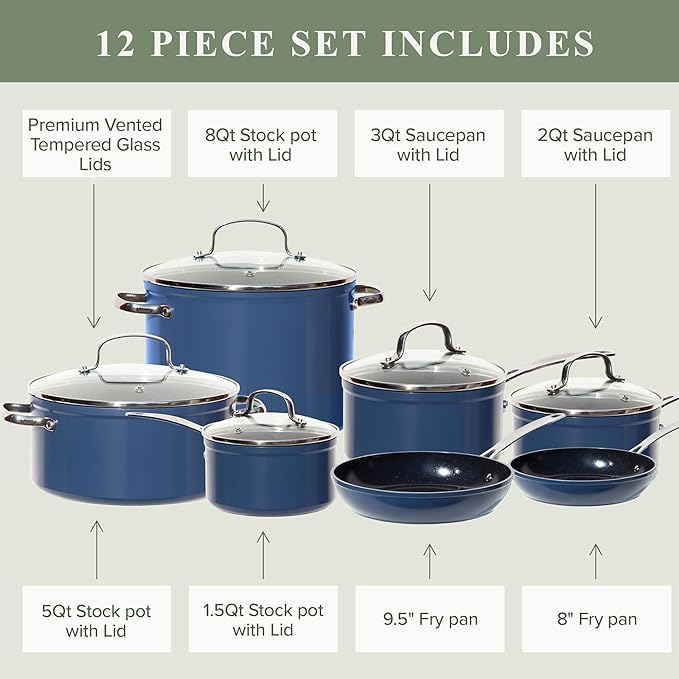 Nuwave Healthy Duralon Blue Ceramic Nonstick Cookware Set, Diamond Infused Scratch-Resistant, PFAS Free, Dishwasher & Oven Safe, Induction Ready & Evenly Heats, Tempered Glass Lids & Stay-Cool Handles