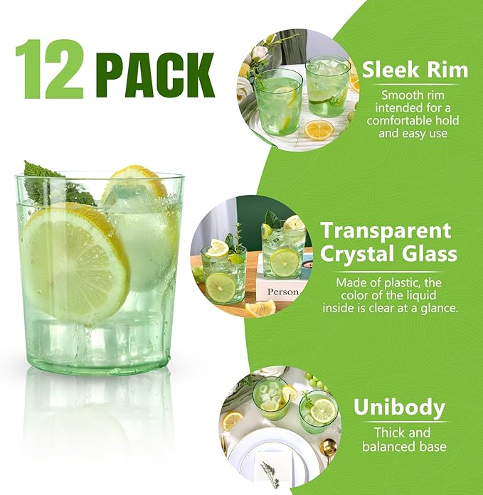 Liacere Plastic Drinking Glasses (Set of 12) 14 oz Green Reusable Plastic Glasses Colors，Kitchen Water Glasses Cup, Bar Tumbler Glassware Set for Beer, Juice, Cocktail, Whiskey, Milk