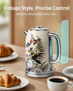 Retro Electric Kettle 1.8L/60.8oz with Thermometer - 1200W Fast Boiling Stainless Steel Tea Kettle with Water Level, BPA-Free, Auto Shut-Off, Boil-Dry Protection, Vintage Floral Design