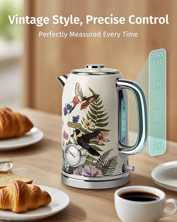 Retro Electric Kettle 1.8L/60.8oz with Thermometer - 1200W Fast Boiling Stainless Steel Tea Kettle with Water Level, BPA-Free, Auto Shut-Off, Boil-Dry Protection, Vintage Floral Design
