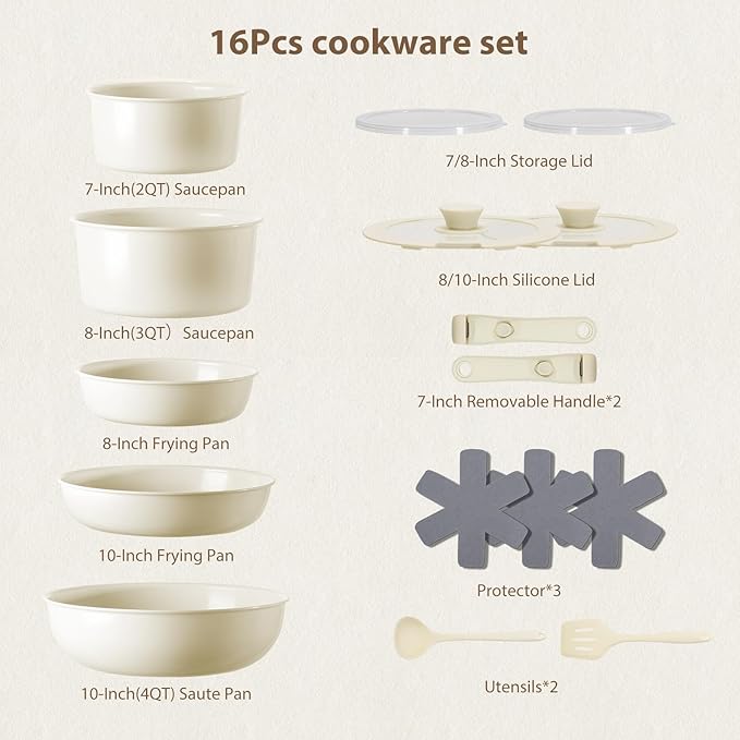 Pots and Pans Non Stick,16Pcs Ceramic Nonstick Cookware Sets, Induction Kitchen Set with Removable Handle, Cooking Frying Pans & Saucepans(PFOS, PFOA Free), Oven/Dishwasher/Fridge Safe, Space Saving