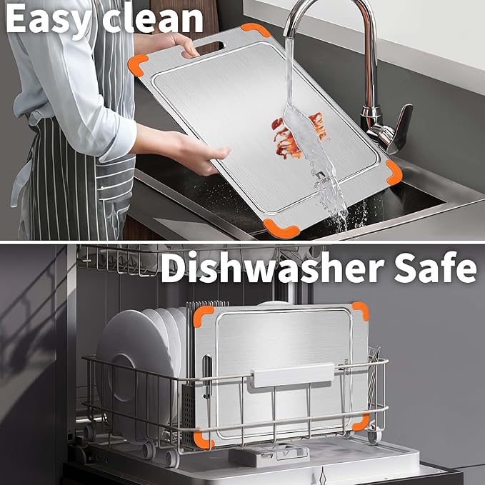 100% Pure Titanium Cutting Board with Grooves, Update Double Side Titanium Chopping Board, Silicone Anti-slip Stainless Cutting Boards for Kitchen 10 * 14 IN, Orange