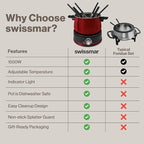 Swissmar Arolla 10 Pieces Stainless Steel Electric Fondue Set - Perfect Fondue Pot Electric Set for Cheese, Chocolate, Oil, Broth & More - Gift Ideas for Wedding, House Warming, Red, 2.1 Qt / 2L