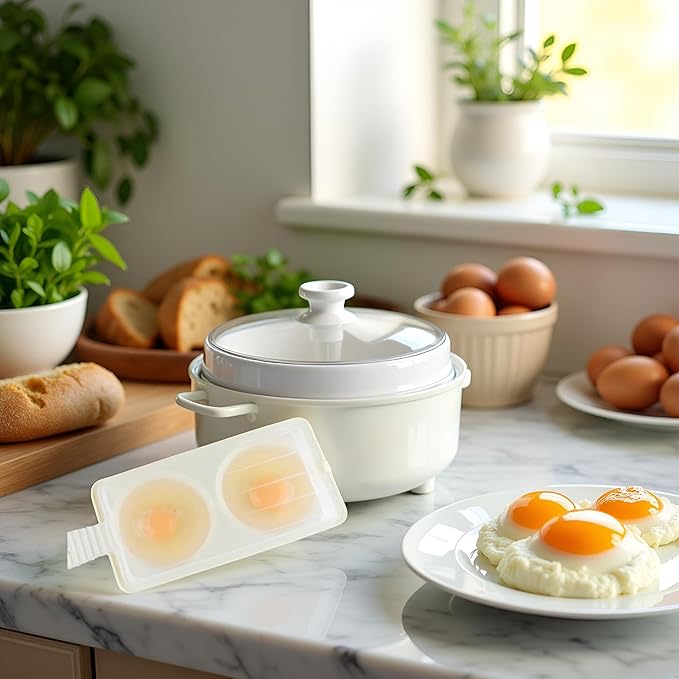 1Pc White 2 Slots Microwave Oven Egg Steamer Poacher Cooker, Rectangular,Poach Eggs, Boil Eggs, Cook Eggs, Steam Eggs Egg Poachers Specialty Cookware (2 Eggs Capacity)