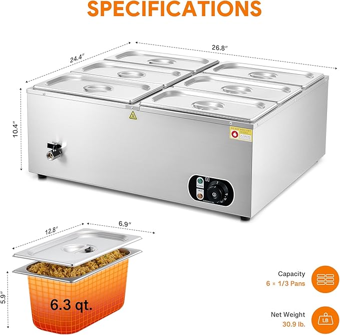 WILPREP Commercial Food Warmer with Six 1/3 Pans, 1500W Countertop Electric Warmer, 86-185°F Adjustable Temp Control & Over-Temp Protection, Stainless Steel Buffet Bain Marie