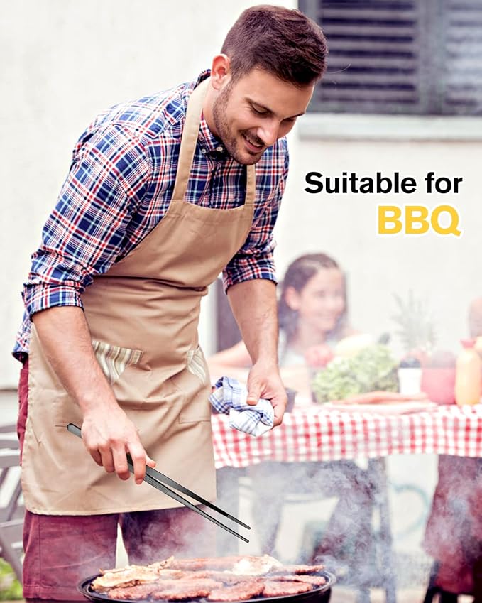 Fine Cooking Tweezers Set, Professional Stainless Steel Food Tongs, Kitchen Black Long Chef Tweezer for Cooking, Plating, Decorating and BBQ (BLACK, 12 inch)