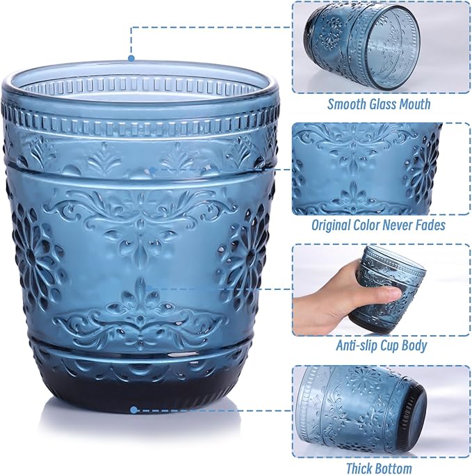 Blue Glassware set of 6, 10OZ Drinking Glasses, Blue Heavy Duty Glass Cups, Old Fashioned Glass, Embossed Glasses Set for Party Wedding Home Office Glassesware Gift