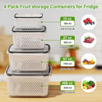 4 PCS Fruit Storage Containers for Fridge, Produce Containers for Fridge with Removable Colander, All-In-One Fruit Washing Bowl with Strainer Microwave/Dishwasher Safe for Salad Berry Lettuce Keeper