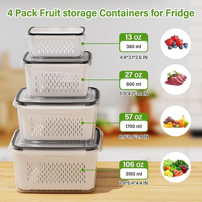 4 PCS Fruit Storage Containers for Fridge, Produce Containers for Fridge with Removable Colander, All-In-One Fruit Washing Bowl with Strainer Microwave/Dishwasher Safe for Salad Berry Lettuce Keeper