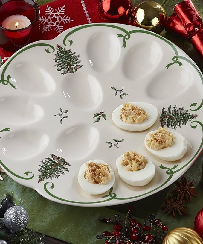 Spode Christmas Tree Deviled Egg Plate, 13 Inch Holiday Egg Serving Platter - Christmas Tree & Mistletoe Motif, Fine Porcelain Christmas Tableware, Dishwasher Safe Appetizer Tray