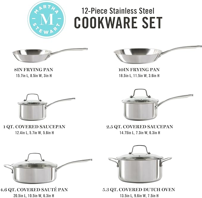 Martha Stewart Castelle 10 Piece 18/8 Durable Stainless Steel Induction Safe Non-Toxic Triply Bottom Kitchen Pots and Pans Cookware Set - Dishwasher Safe