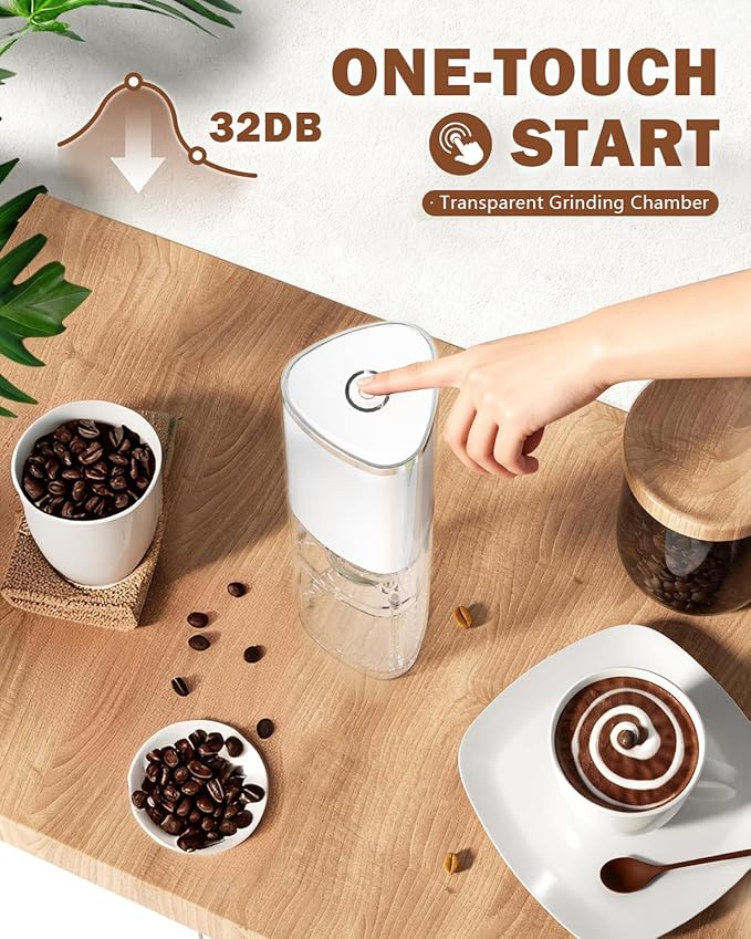 Portable Electric Coffee Grinder ，Automatic Coffee Grinder with USB Type-C wireless charging design，Adjustable Coarse to Fine for coffee beans, grains, cleaning brush + cable Includes (white)