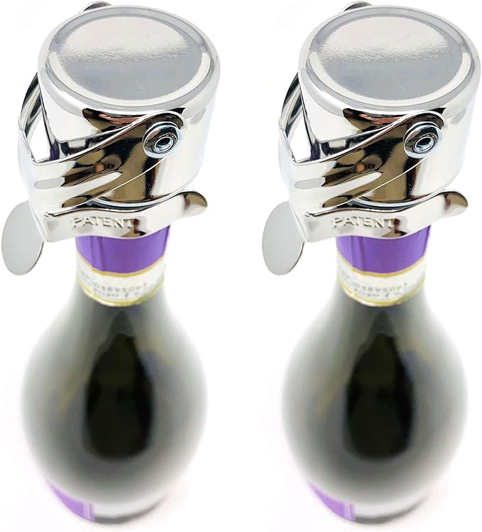 Champagne Stoppers by Kloveo - Patented Seal - Made in Italy - Professional Grade WAF Champagne Bottle Stopper - Prosecco, Cava, and Sparkling Wine Stopper - Chrome, 2-Pack