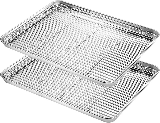 Baking Sheet with Cooling Rack Set (2 Pans + 2 Racks), Yododo Stainless Steel Baking Pan Cookie Sheet Cookie Pan with Rack, Size 16 x 12 x 1 Inch, Mirror Finish & Non Toxic & Heavy Duty & Easy Clean