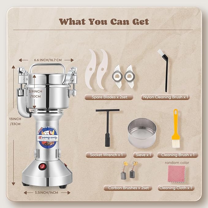 Moongiantgo 250g Safety Grain Mill Grinder 950W High-speed Electric Stainless Steel Dry Spice Grinder Pulverizer for Wheat Corn Rice Pepper Herbs Coffee Beans Dried Mushrooms, 110V