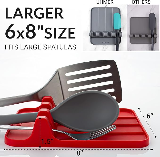 Silicone Utensil Rest and Spoon Holder, Heat Resistant Kitchen Spoon Rest for Multiple Utensils, Dishwasher Safe Drip Pad for Spatulas, Tongs, Ladles, and Spoons (Candy Red)