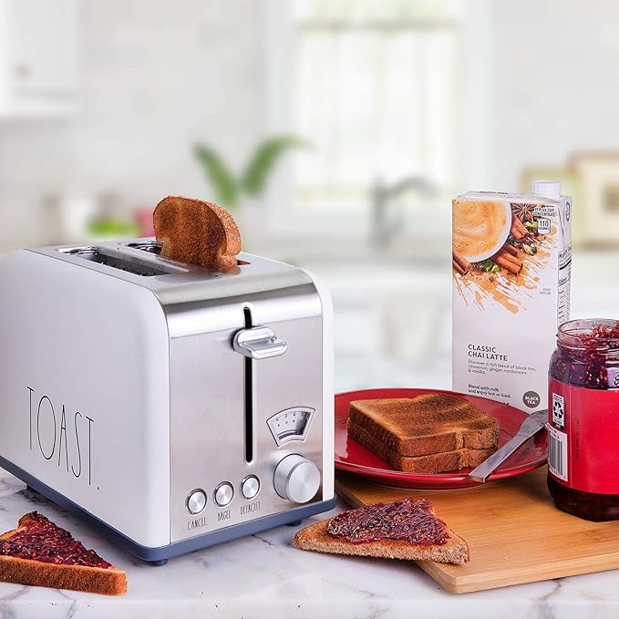 Rae Dunn Toaster, Stainless Steel 2 Slice Square Toaster, Wide Slot with 5 Browning Levels, with Bagel, Defrost and Cancel Options (Cream)