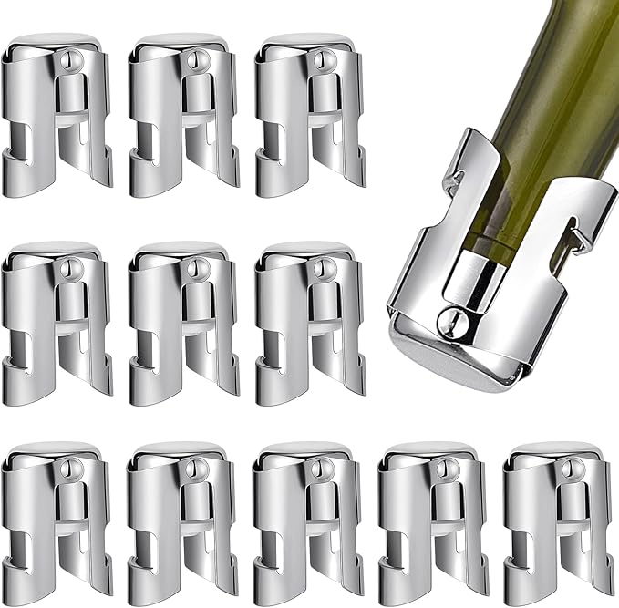 Tessco 12 Pcs Stainless Steel Champagne Stopper Reusable Bottle Sealer Wine Corker Champagne Cork Stopper with a Built in Sealing Plug Compact Saver Plug for Cava Prosecco (Silver)