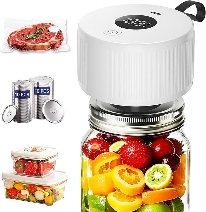 Electric Mason Jar Vacuum Sealer Kit, 3-in-1 Handheld Automatic Vacuum Sealer for Mason Jars, Food Savers & Containers | Ideal for Canning Jams, Pickles, Dry Foods, Grains | Present for Mom, White