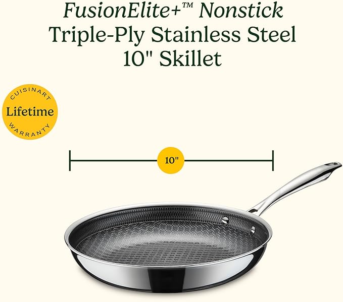 Cuisinart FusionElite+ Nonstick Tri-Ply Stainless Steel Skillet, 10″ Skillet Frying Pan with PURELYSEAR Ceramic Nonstick Technology, Scratch Proof, Cool Grip Handles, Dishwasher Safe