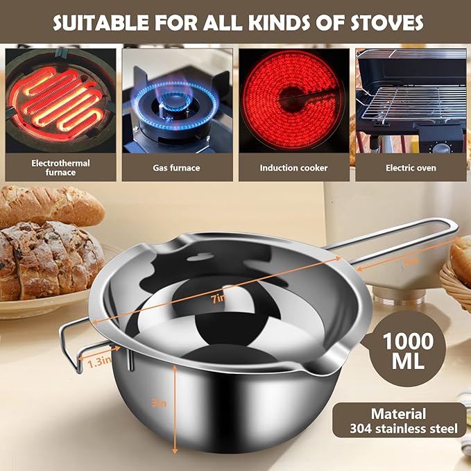 Artcome 5pcs Double Boiler Melting Pot Set - 600ML/0.6QT and 1000ML/1QT Chocolate Stainless Steel Melting Pot, Decorating Spoons, Silicone Spatula and Dipping Tool for Melting Chocolate, Candy, Soap