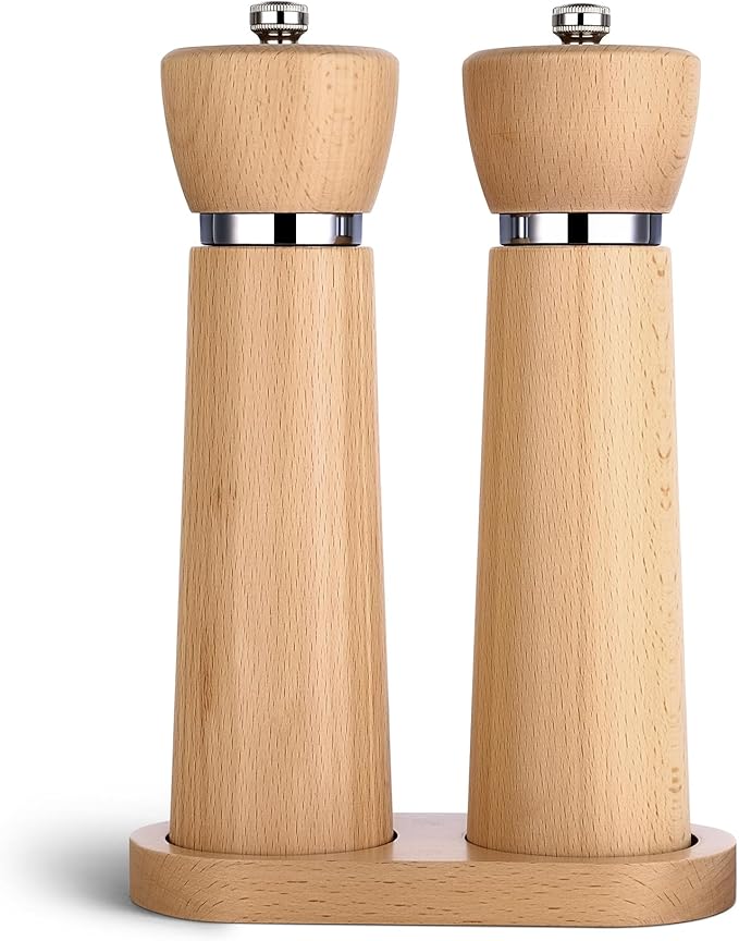 Wooden Salt and Pepper Grinder Set – Refillable Salt and Pepper Mill with Adjustable Upgraded Large Size Ceramic Burr – Manual Pepper Grinder with Beech Wood Body – 8.3” Tall