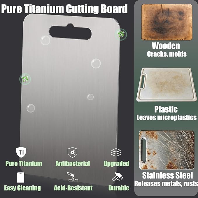 Titanium Cutting Board - Upgraded Thickened (0.08 in) Non-Deforming 100% Pure Titanium Cutting Boards with Non-Slip Pad, Food-Grade Double-Sided Chopping Board for Kitchen and Camping (Medium)