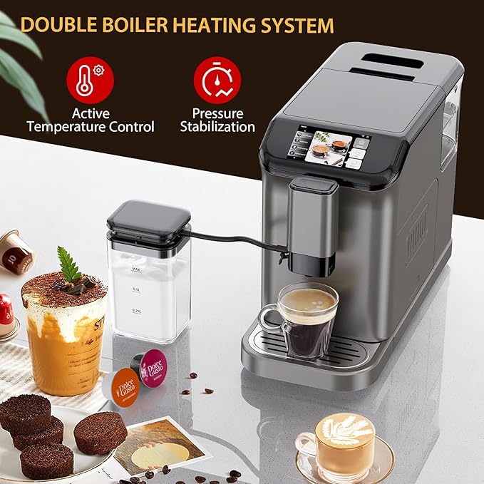 Garvee Fully Automatic Espresso Machine with Built-In Grinder and Milk Frother, 4-Beverage Cappuccino and Latte Maker with Intuitive Touch Display, Gunmetal Finish