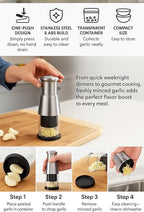 Stainless Steel Garlic Press Mincer with Comfortable Grip, Built-in Spring, 6.3 Inch Height, Clear Collection Cup
