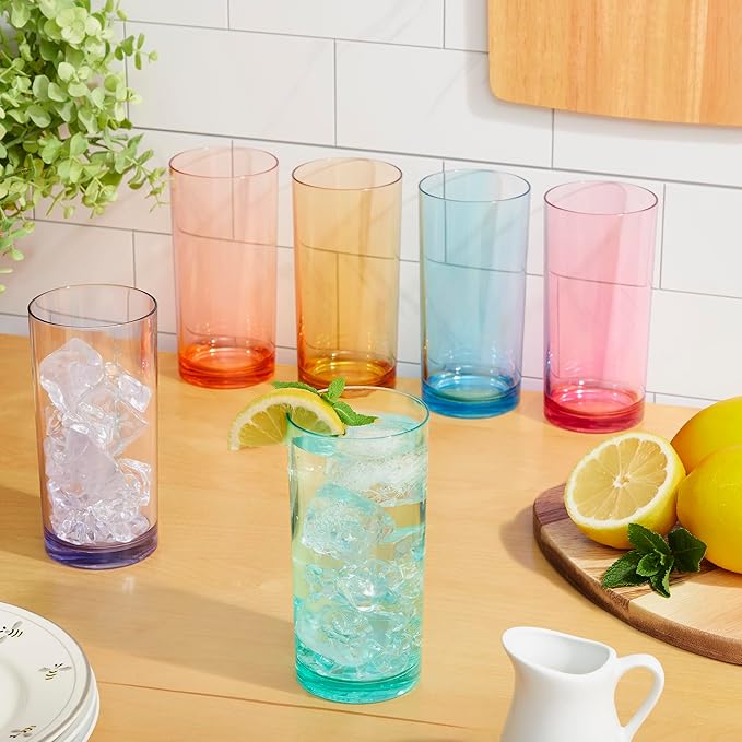 US Acrylic Classic Plastic Reusable Drinking Glasses (Set of 6) 16oz Water Cups Assorted Colors | BPA-Free Tumblers, Made in USA | Top-Rack Dishwasher Safe