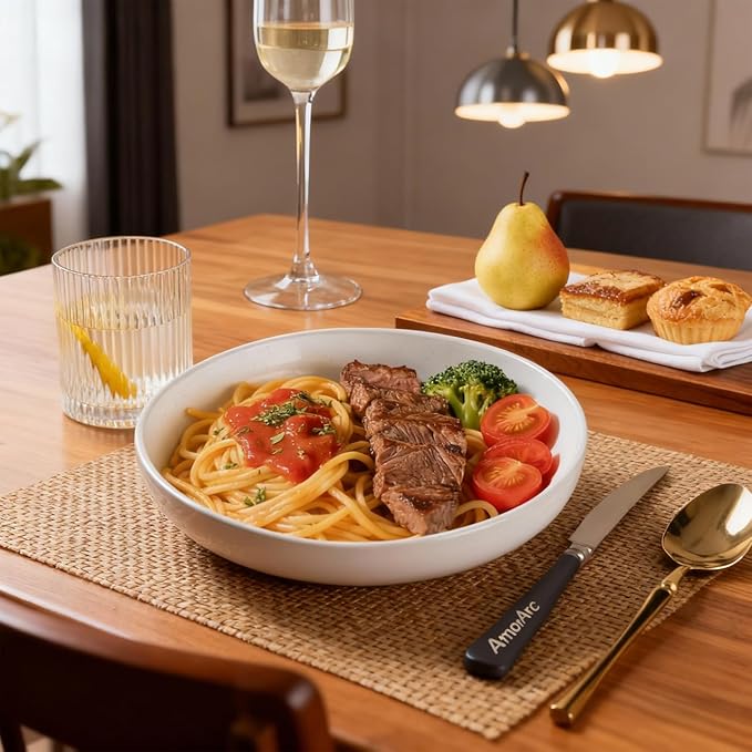 AmorArc Ceramic Dinnerware Sets with Pasta Bowls for 6, Handpainted Plates and Bowls Set with Rustic Terracotta Underside, Scratch Resistant Dishes Set, Dishwasher & Microwave Safe, 24 Pcs