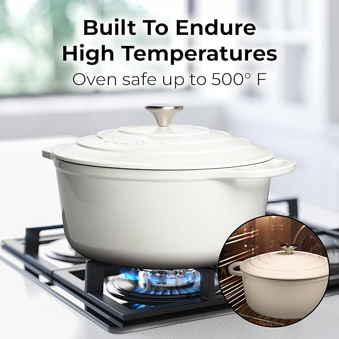 Zulay Kitchen 5 Quart Enameled Cast Iron Dutch Oven with Lid,Silicone Trivet & Heat Pad – Premium Durability & Oven Safe up to 500°F– Heavy Duty Cookware Perfect for Bread Baking, Stews, Braising & Roasting – White