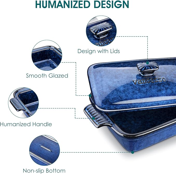 vancasso Starry Casserole Dish With Lid, 1.9 Quart Deep Lasagna Pan Ceramic Bakeware Covered Casserole Dish Blue
