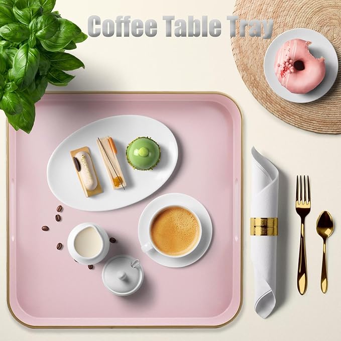 Pink Square Decorative Tray with Handles, 13"*13" Versatile Serving Tray for Coffee Table, Ottoman, Ideal for Serving, Displaying, Organizing